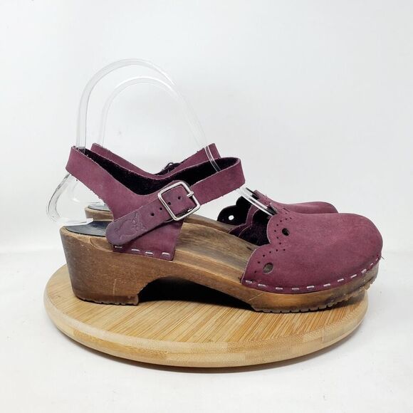 Sandgrens Milan Clogs Womens 36 Plum Nubuck Leather Scalloped Edge Straps Shoes - Picture 7 of 14